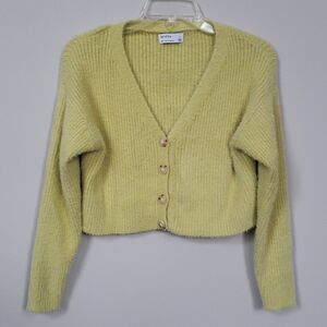 Bershka Sweater Womens sz S Cropped Rib V Neck Cardigan Fuzzy Lime Green